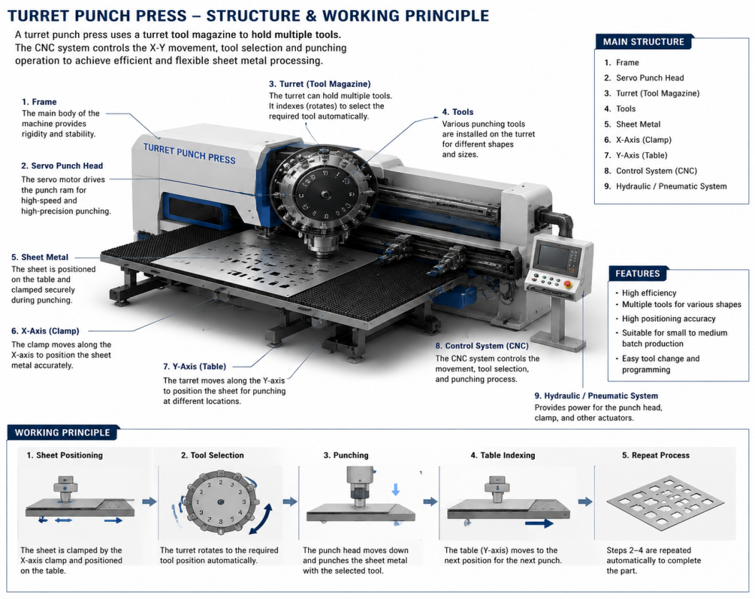 CNC turret punch automatic tooling and sheet positioning system