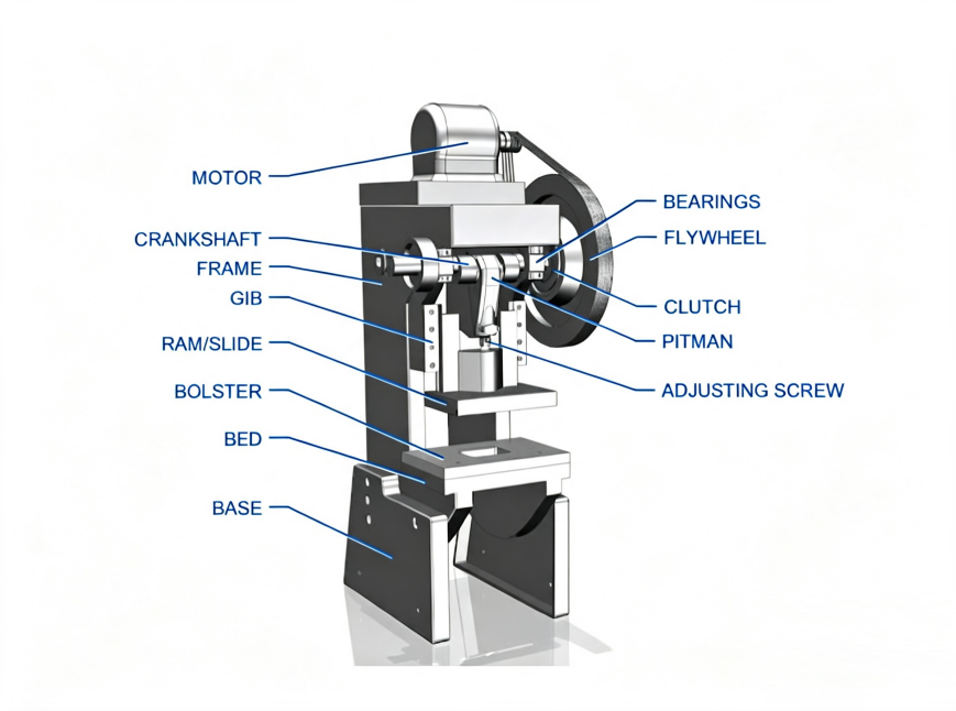 Mechanical punching press flywheel and crank drive diagram