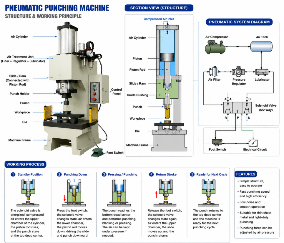 Pneumatic punching machine air supply and cylinder cycle