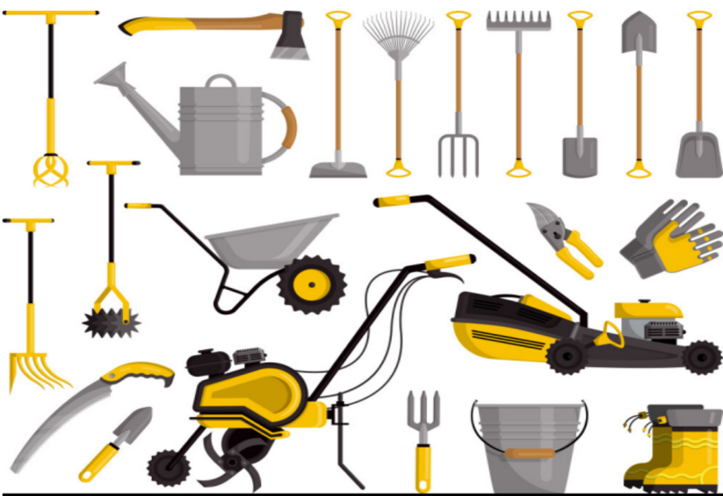 Illustration of agricultural tools and equipment using formed metal parts