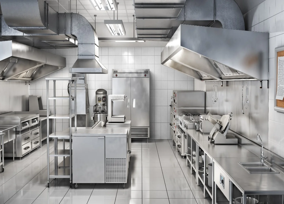 Commercial stainless-steel kitchen with press-brake-formed cabinets and counters