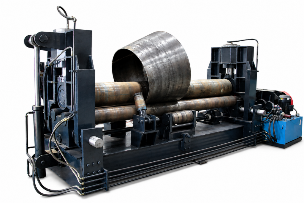 Industrial plate rolling machine forming a tapered steel cone