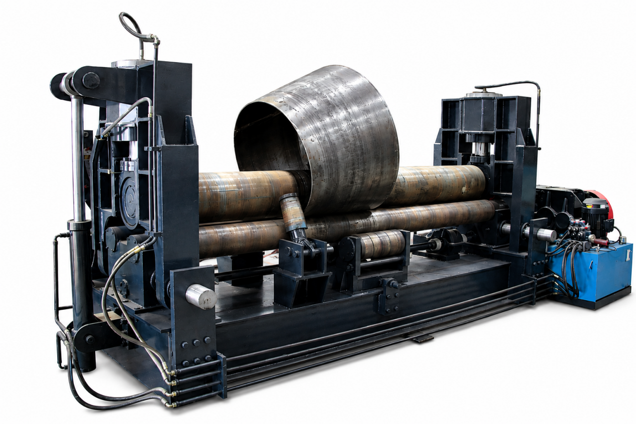 Industrial plate rolling machine forming a tapered steel cone