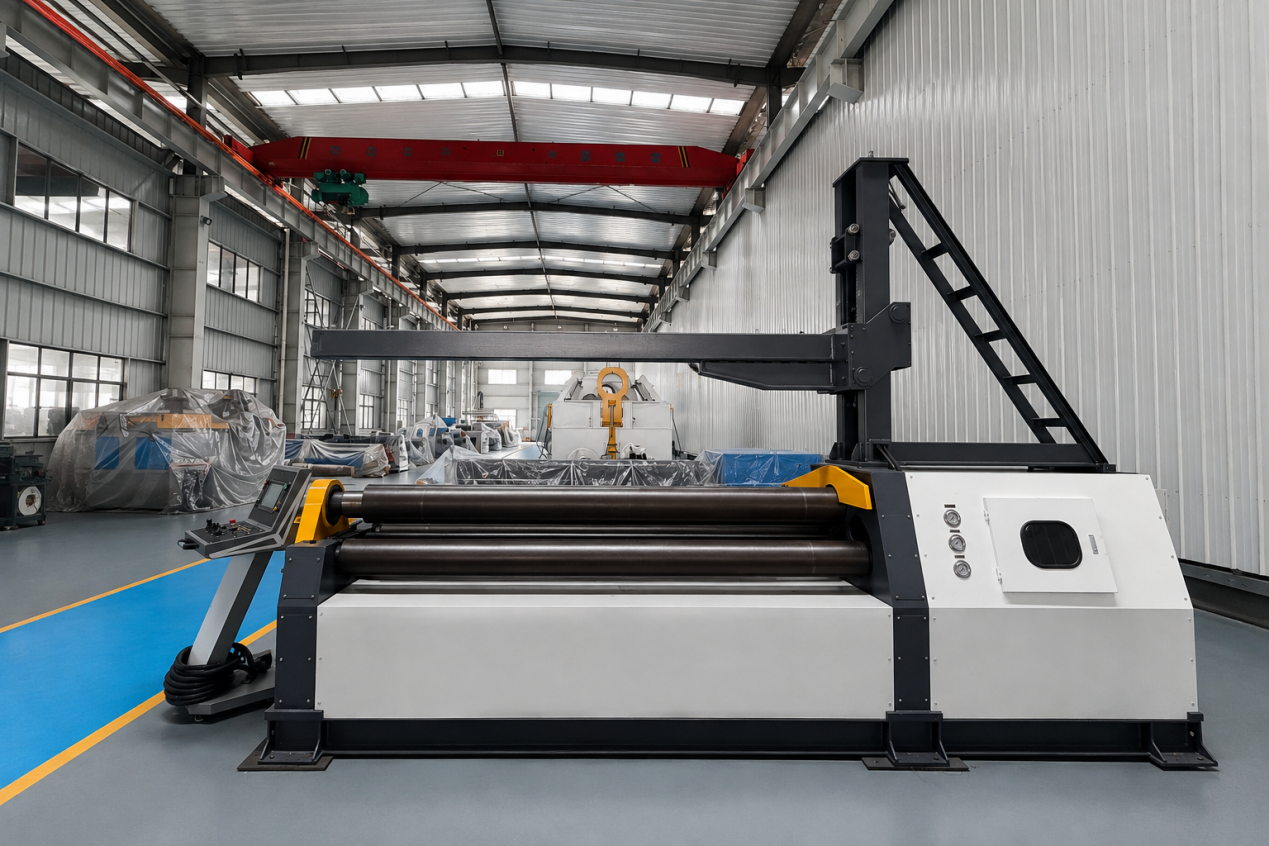 Four roll plate bending machine with overhead cylinder support
