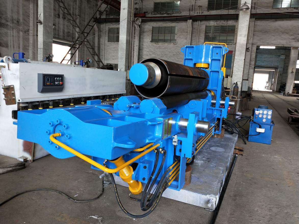 Blue universal top-roll plate rolling machine with drop end and hydraulic side-roll cylinders