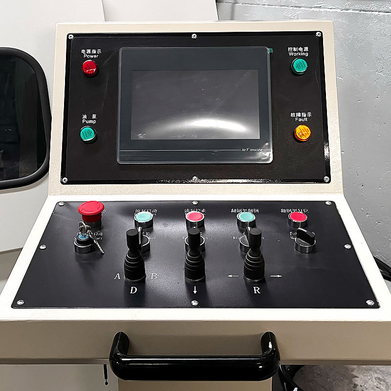 Plate rolling machine control console with touch display, joysticks and power, pump and fault lamps