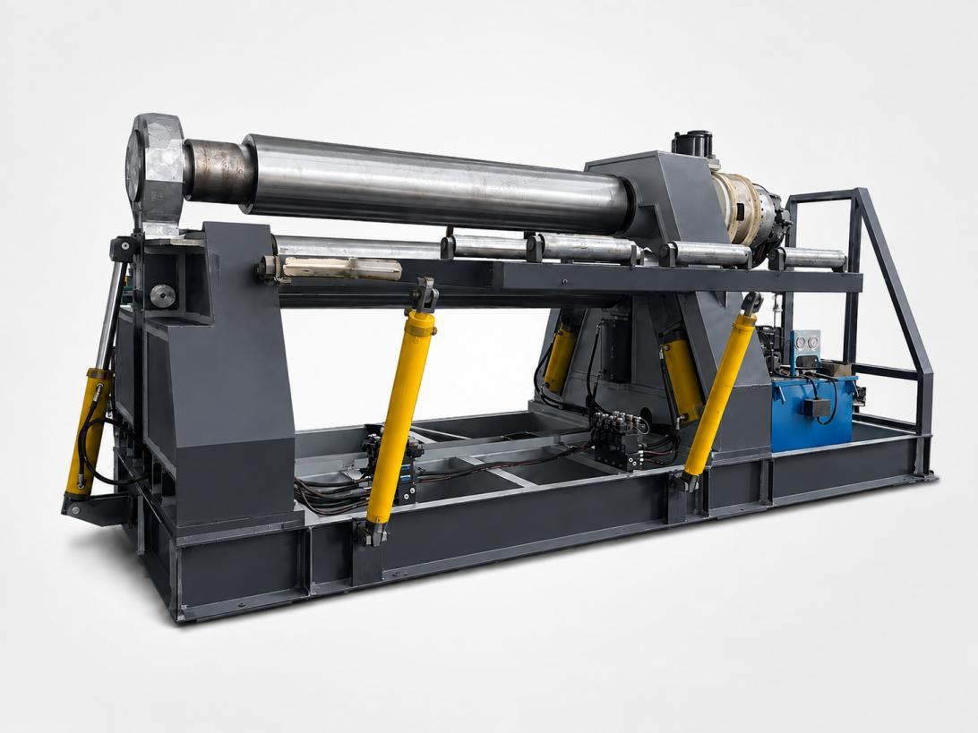 Unpainted plate rolling machine frame with yellow hydraulic cylinders and top roll installed