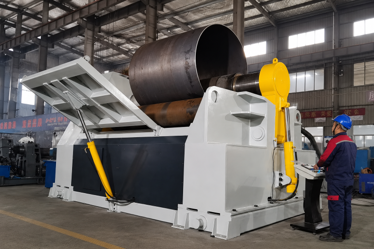 Operator running a plate rolling machine that is forming a large steel cylinder