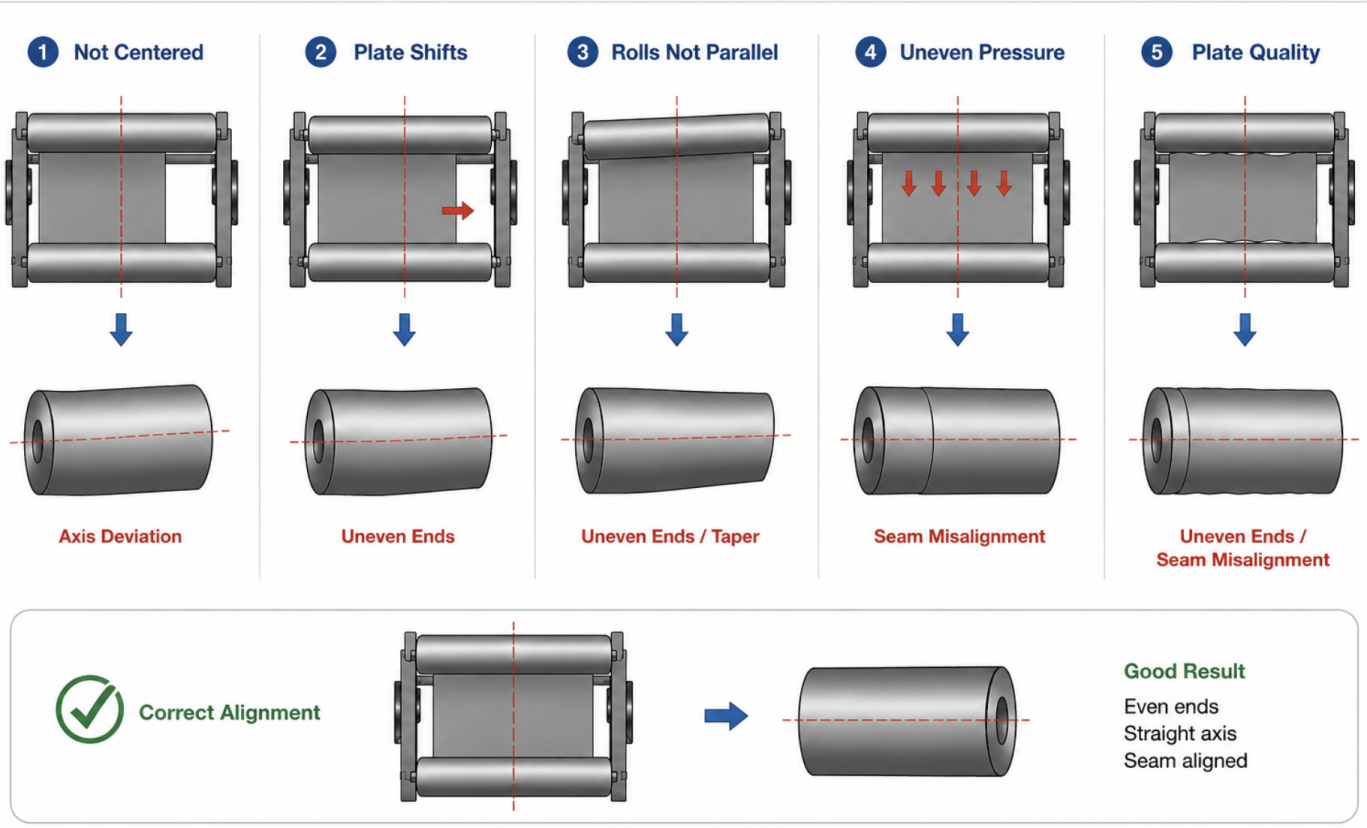 Diagram of plate rolling misalignment causes and correct alignment