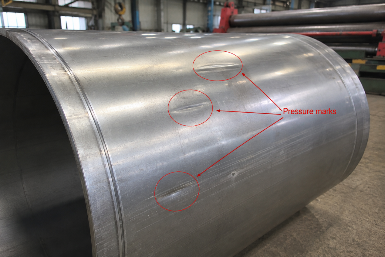 Pressure marks and dents on a rolled steel cylinder surface
