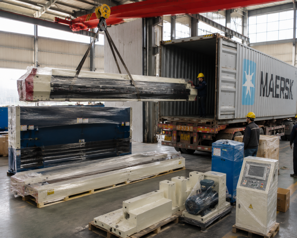 Shipped press brake components being unloaded and inspected before installation
