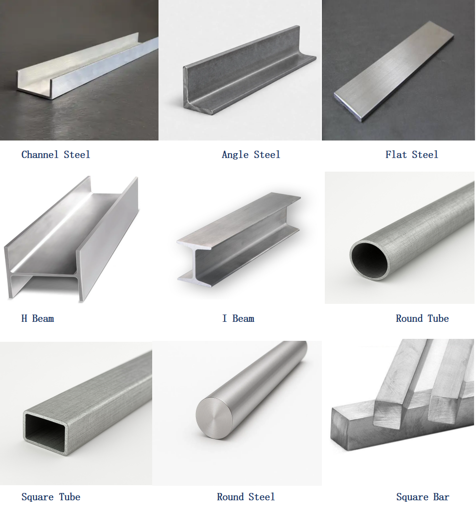 Examples of channel, angle, flat bar, H beam, I beam, round tube, square tube and bar profiles