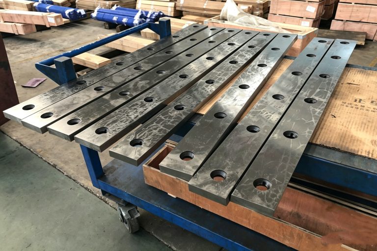 Close-up of industrial shearing machine blades