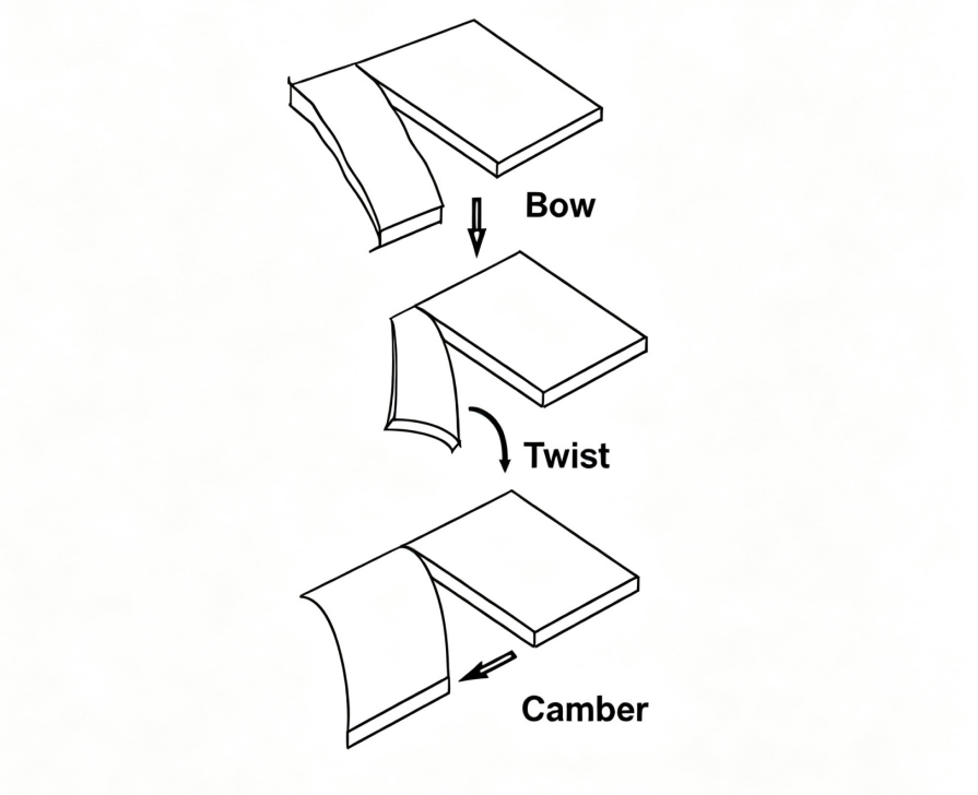 Diagram comparing twist bow and camber in sheared strips