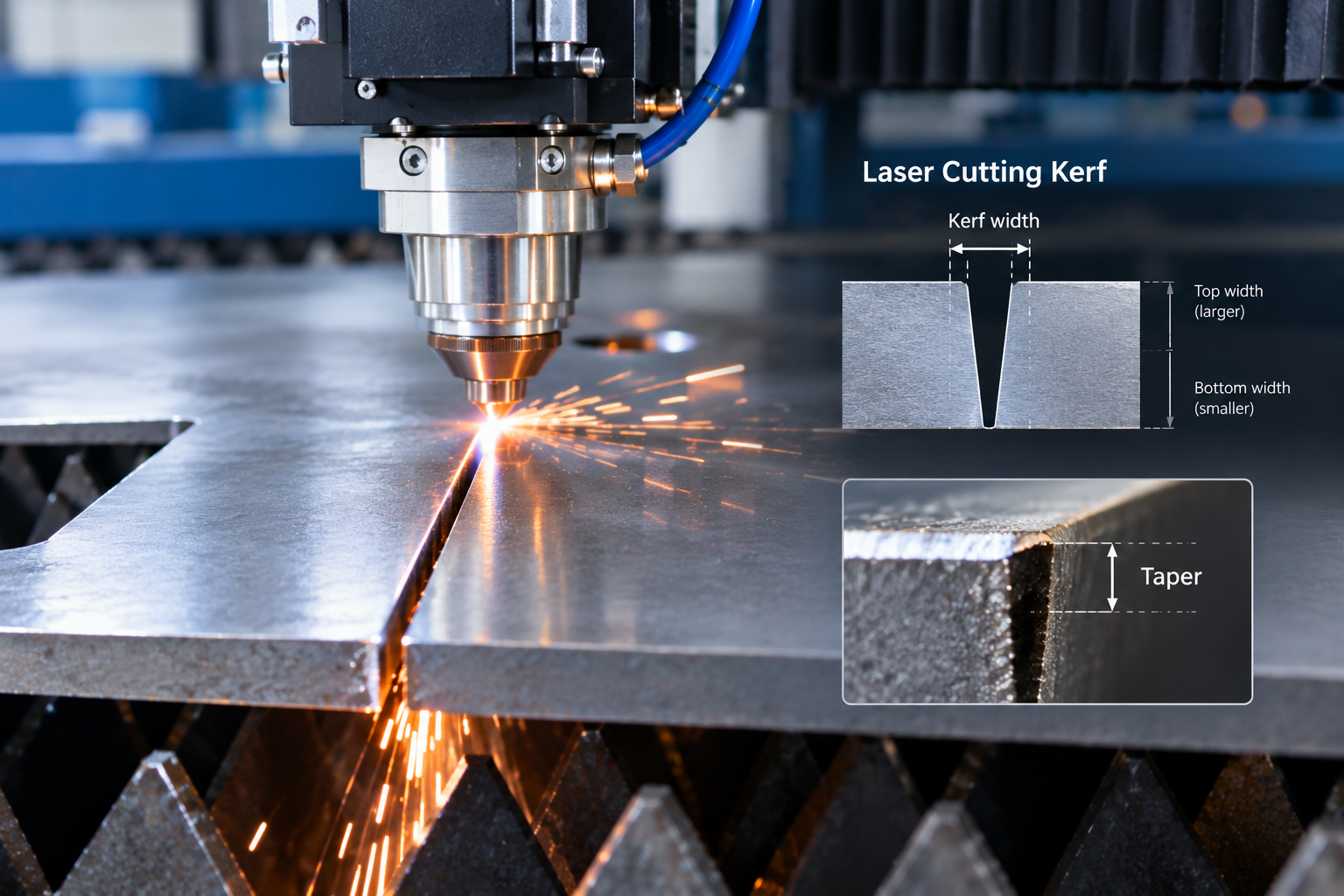 One possible kerf profile is shown. The top and bottom widths are measured across the cut; taper describes wall inclination, not the sheet thickness.