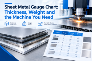 Illustration only. The small gauge/weight table within this image is not consistent with the conversion tables below and must not be used for ordering material or sizing a machine.