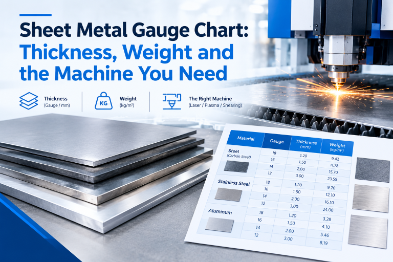 Illustration only. The small gauge/weight table within this image is not consistent with the conversion tables below and must not be used for ordering material or sizing a machine.