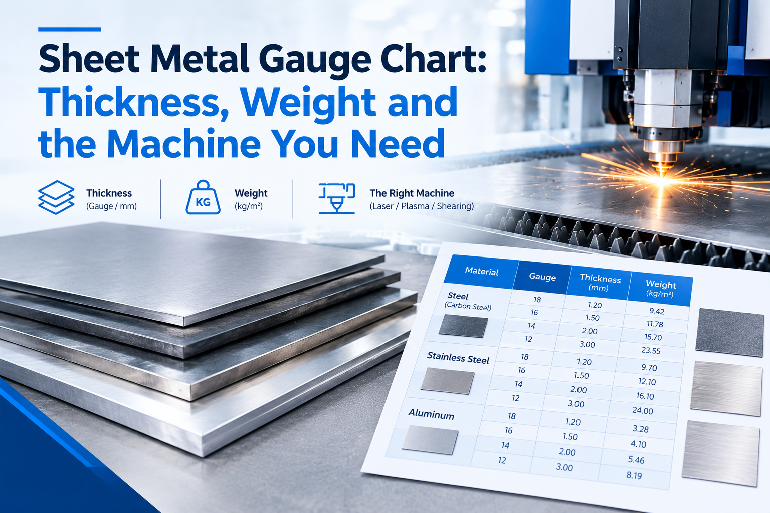 Illustration only. The small gauge/weight table within this image is not consistent with the conversion tables below and must not be used for ordering material or sizing a machine.